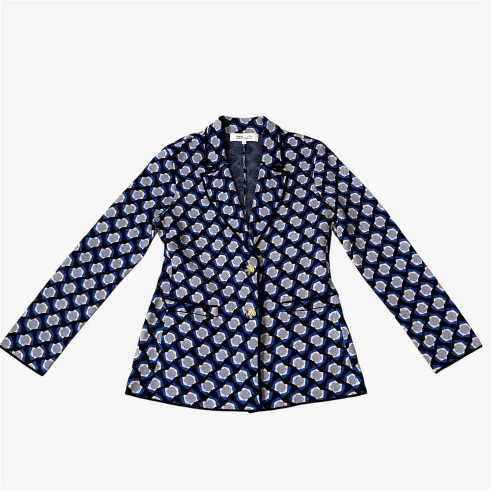 Diane Von Furstenberg Blue Geometric Print Knit Button Front Blazer Size 8